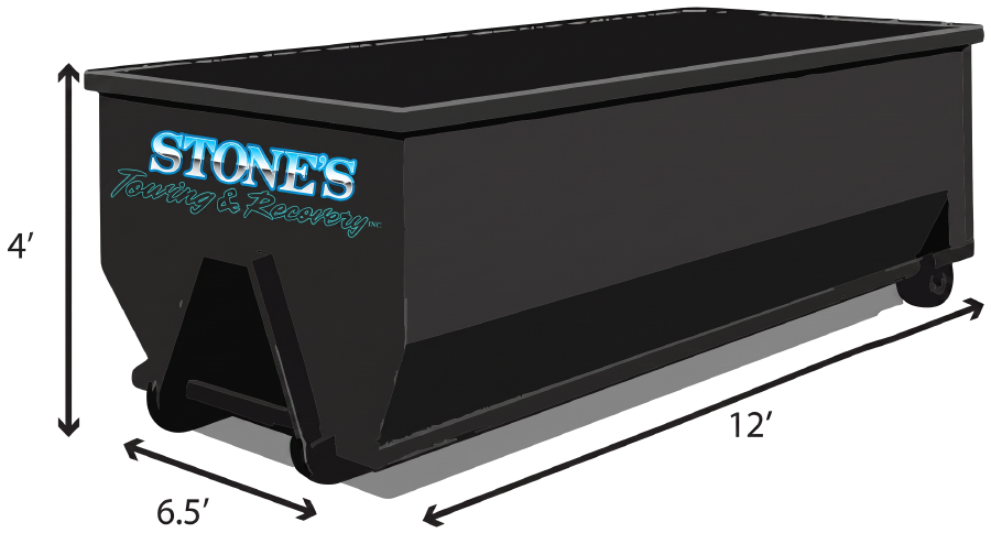 Stone's 10 yard roll-off dumpster bin, 12 feet by 6.5 feet by 4 feet