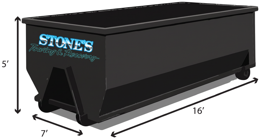 Stone's 20 yard roll-off dumpster bin, 16 feet by 7 feet by 5 feet