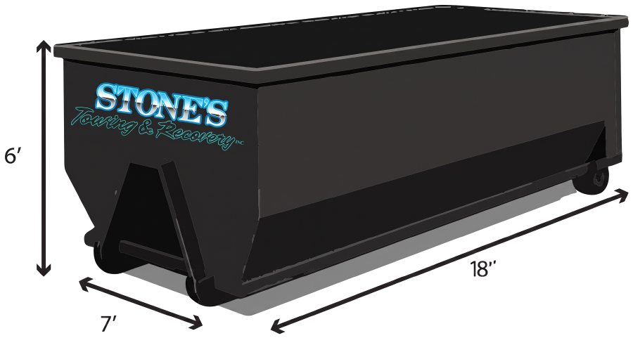Stone's 30 yard roll-off dumpster bin, 18 feet by 7 feet by 6 feet