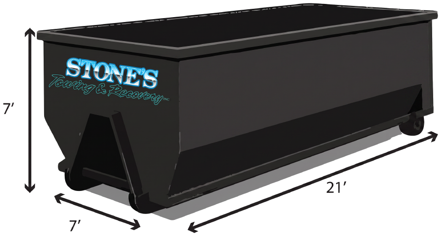 Stone's 40 yard roll-off dumpster bin, 21 feet by 7 feet by 7 feet