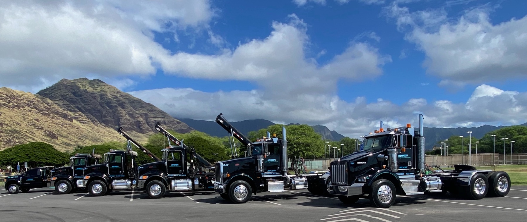 Stone's full fleet lined up, Oahu mountains behind